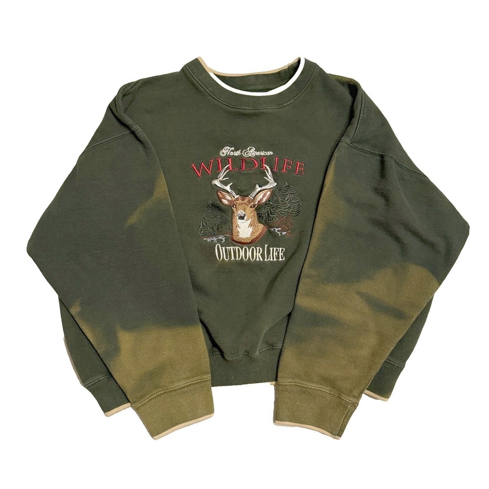 VTG 90s Field Tested Mens Green Faded Embroidered Buck Sweatshirt XL Pullover